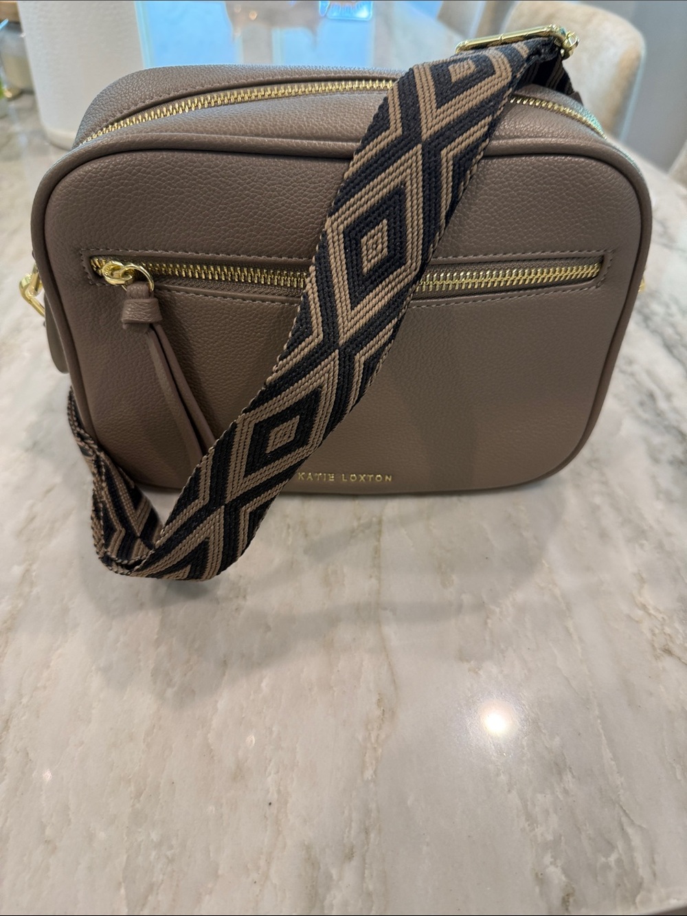 Katie Loxton | Taupe Leather Crossbody Bag with Patterned Strap